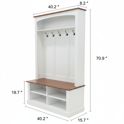 40.2" Wide Farmhouse Hall Tree With Bench, Entryway Coat Rack & Shoe Storage Cabinet With 5 Hooks, 71" Tall Mudroom Hall Tree With Adjustable Shelves For Hallway, Foyer, White