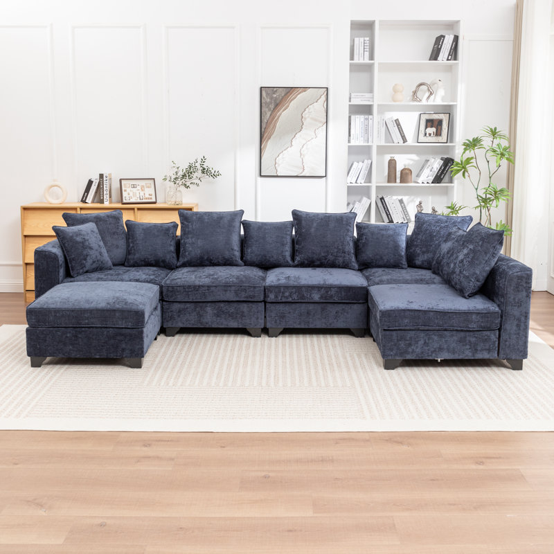 Kempson 6 - Piece Upholstered U-Shaped Sectional Sofa With Ottoman, Blue Polyester