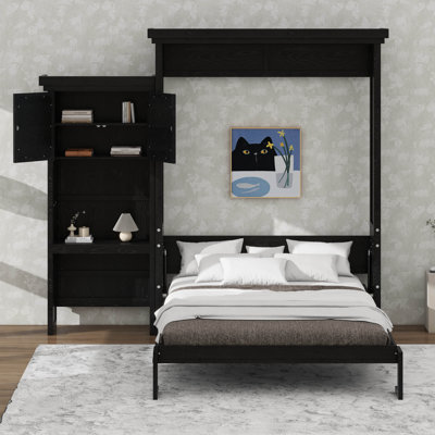 Grand lit escamotable avec bureau et tablettes de bibliothèque de rangement, armoire de lit escamotable en bois massif avec tablettes de rangement