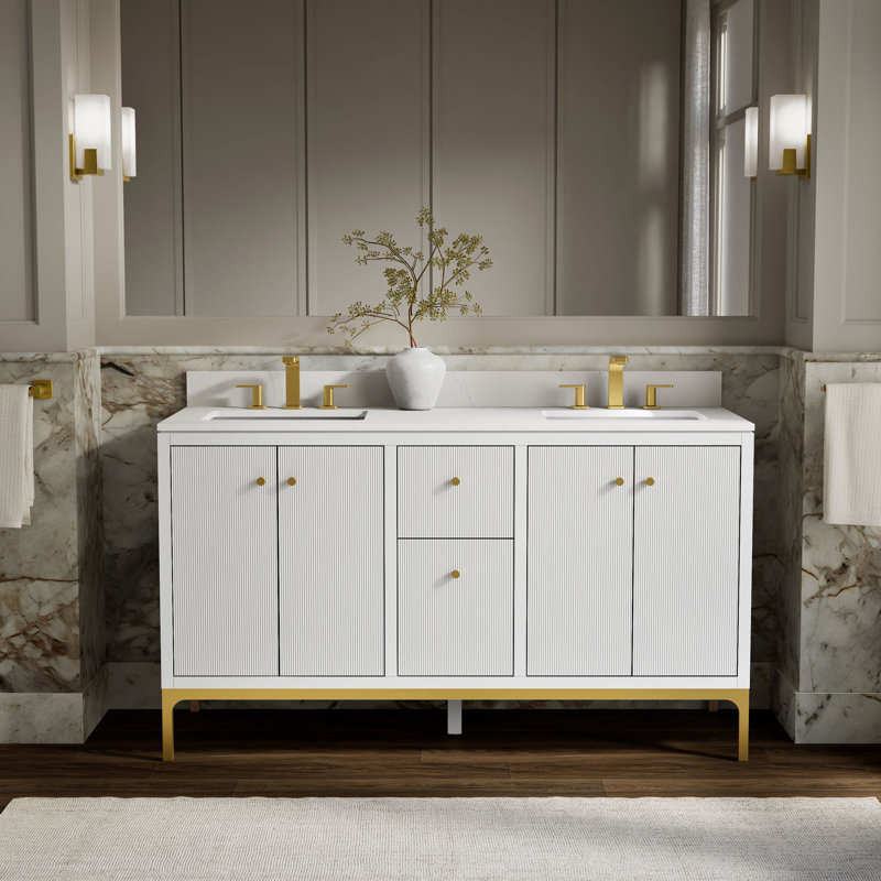 Calpa 60 In. Bathroom Vanity Cabinet With Sinks And Quartz Top, White