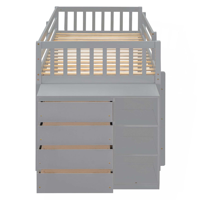 Lit superposé simple sur simple avec 4 tiroirs et 3 tablettes, Gris