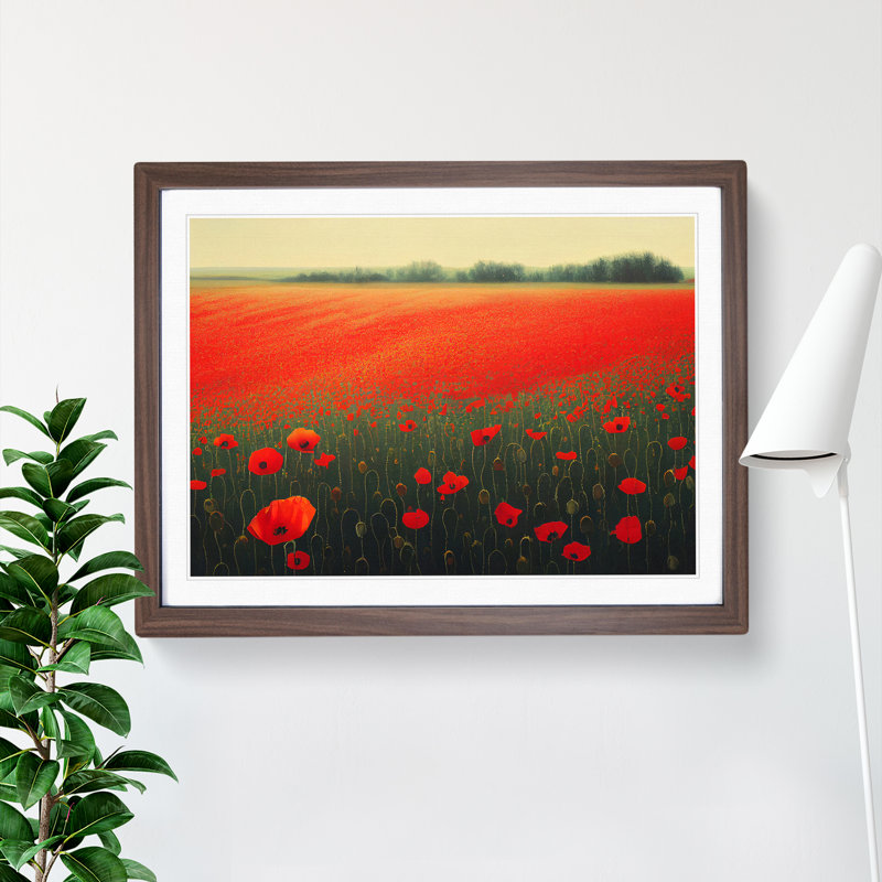 Eye Catching Poppy Field Flowers 1 Piece Single Picture Frame Wall Art, 34cm H x 46cm W x 2cm D, Walnut