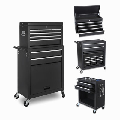 Coffre à outils, armoire de rangement à outils à 8 tiroirs avec coffre à outils amovible 2 en 1, doublure, roues verrouillables, crochets latéraux, chariot à outils en métal pour le garage
