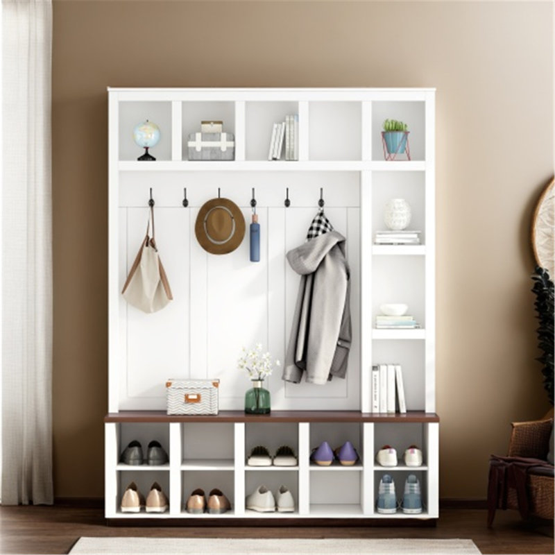 Arbre d'entrée polyvalent en bois avec fonctions multiples et rangement pratique, Blanc / noyer