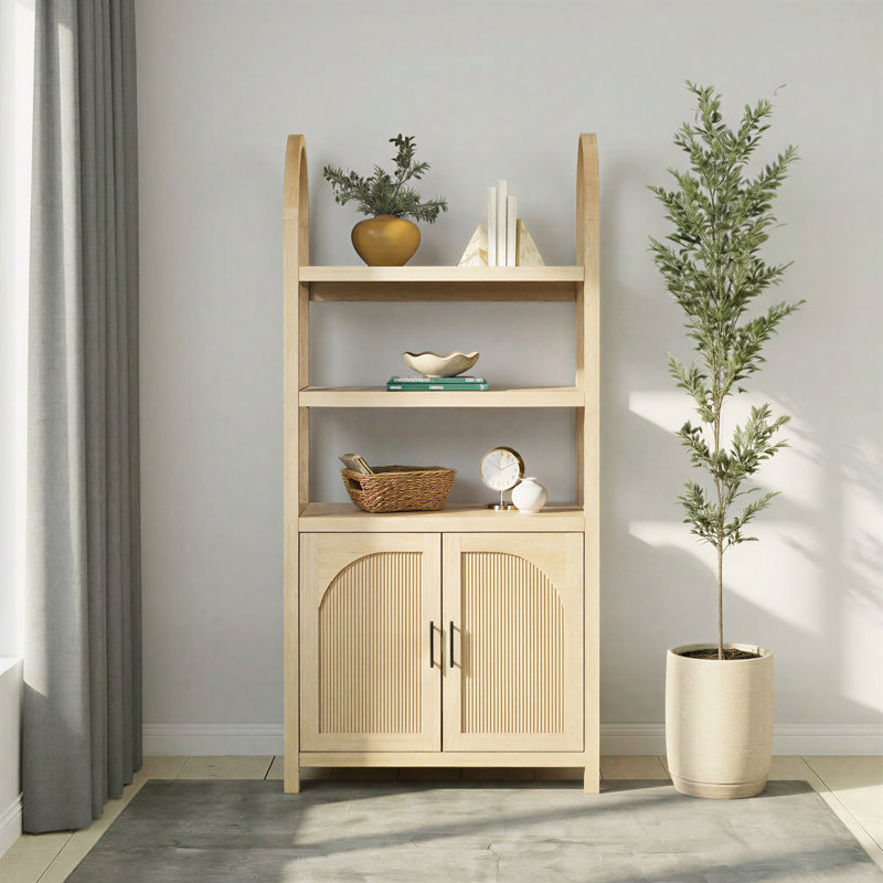 Eilisha Modern Arched Bookcase Cabinet with Reeded Doors, Coastal Oak