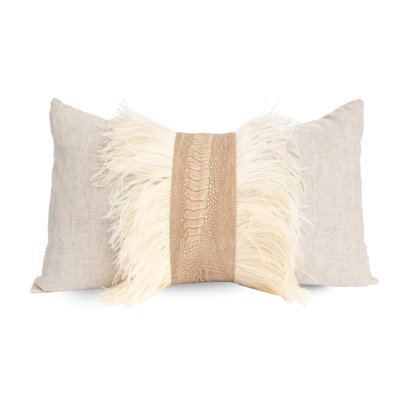 Linen Lumbar Pillow with Ostrich Feather Trim