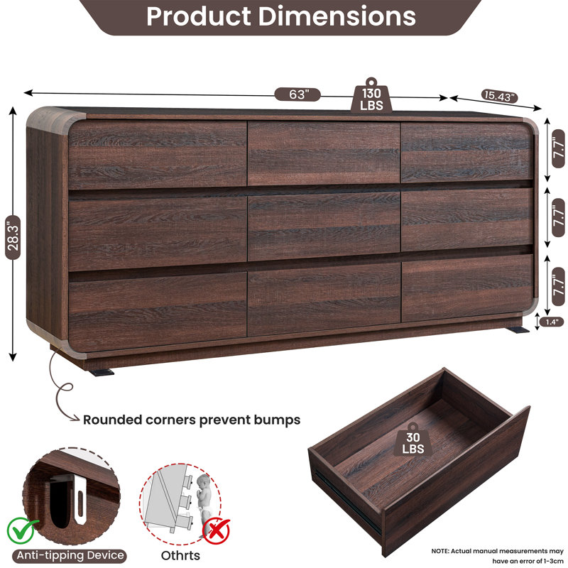 Commode incurvée à 63 tiroirs de 63 po de largeur, noyer, Walnut