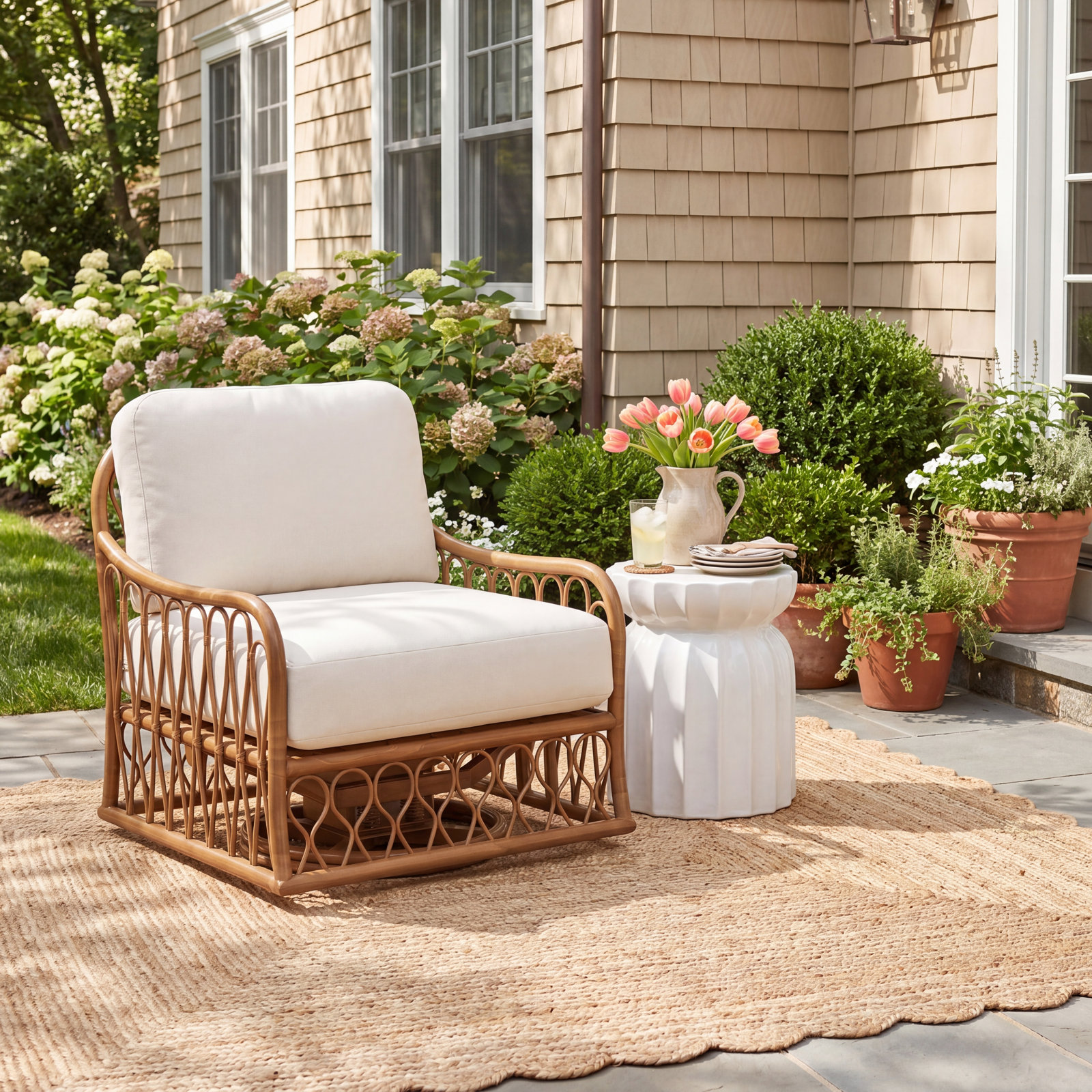 Cane Outdoor Chair with Sunbrella® Cushions, Canvas Bird's Eye Sunbrella® Canvas