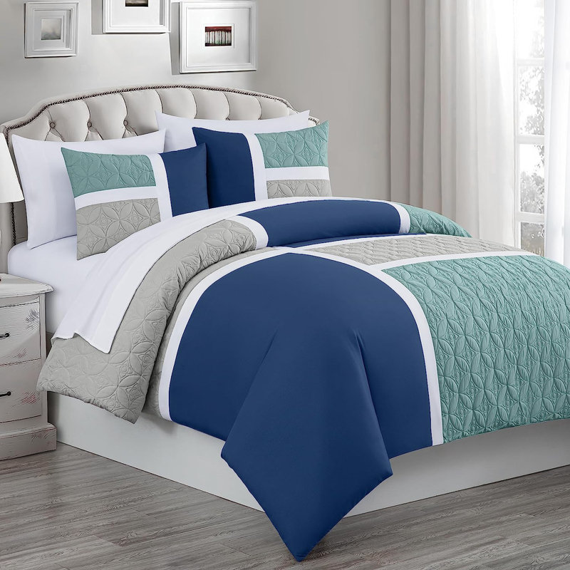 7-Piece Patchwork Bed in a Bag Comforter Set with Sheets, California King Comforter + 6 Additional Pieces, Navy/Aqua/Gray