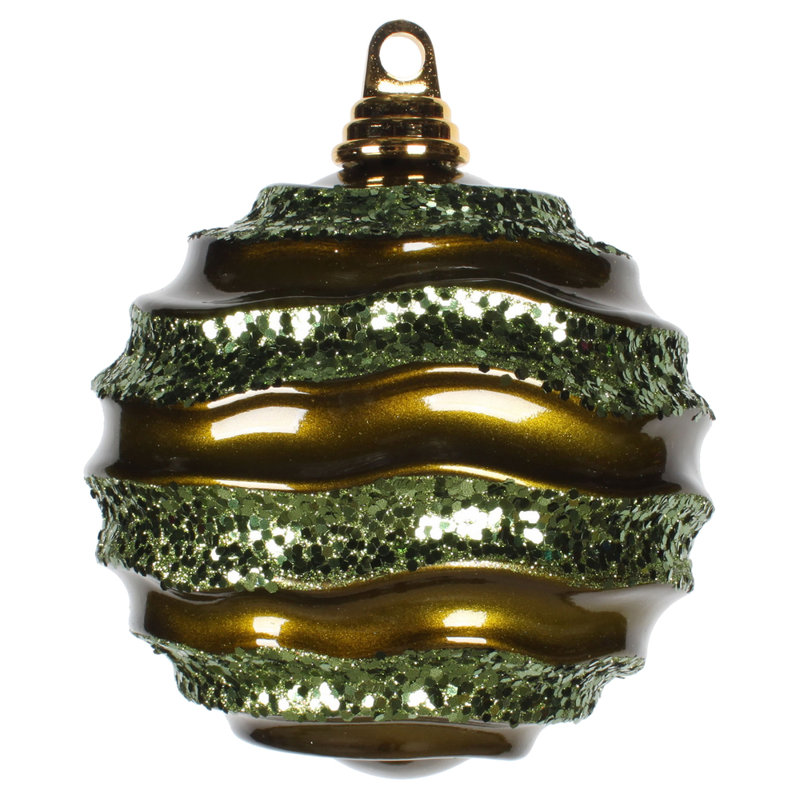 Ornement de Noël boule rayée et scintillante, Olive, H 6 po x l 6 po x P 6 po