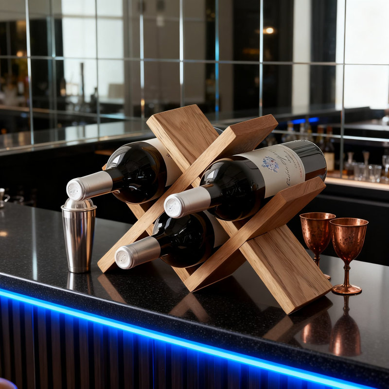 Support à vin de comptoir en bois de chêne massif pour 4 bouteilles, organisateur de vin en bois naturel et présentoir pour la cuisine, le bar ou la cave à domicile