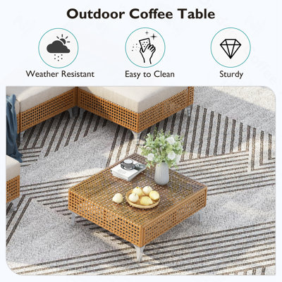 Ensemble de canapé d'angle 7 pièces en résine tressée pour terrasse, avec coussins résistants à l'eau et table basse, beige