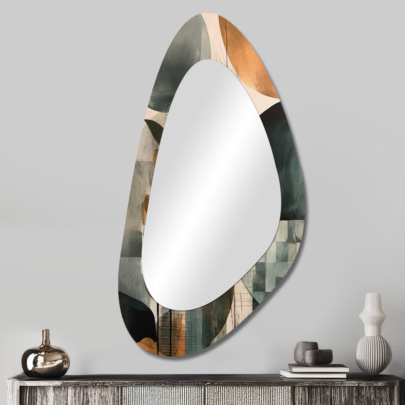 Vert et brun artistique Libération II - miroir asymétrique plume Boho, miroir mural décoratif de forme unique vert, impression sur métal