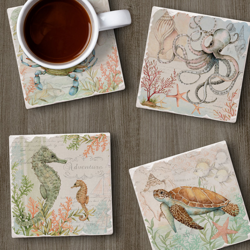 Caribbean Seas 4-Pack Assorted Tumbled Tile Coasters