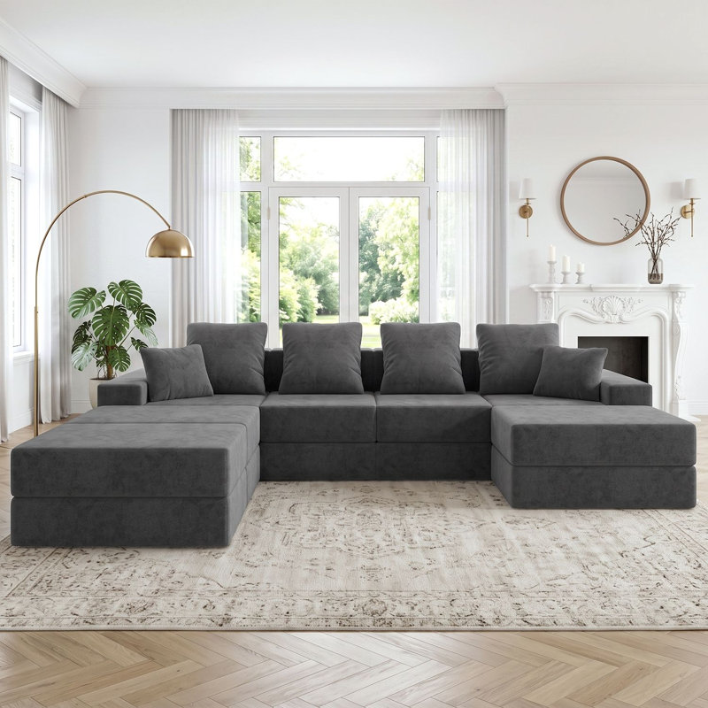 Canapé-lit modulaire surdimensionné en forme de L de 128 po avec repose-pieds, Gris