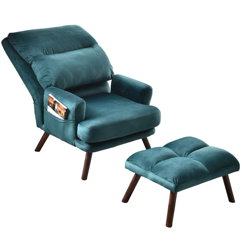Velvet Accent Chair with Ottoman, Dark Brown, Green Velvet