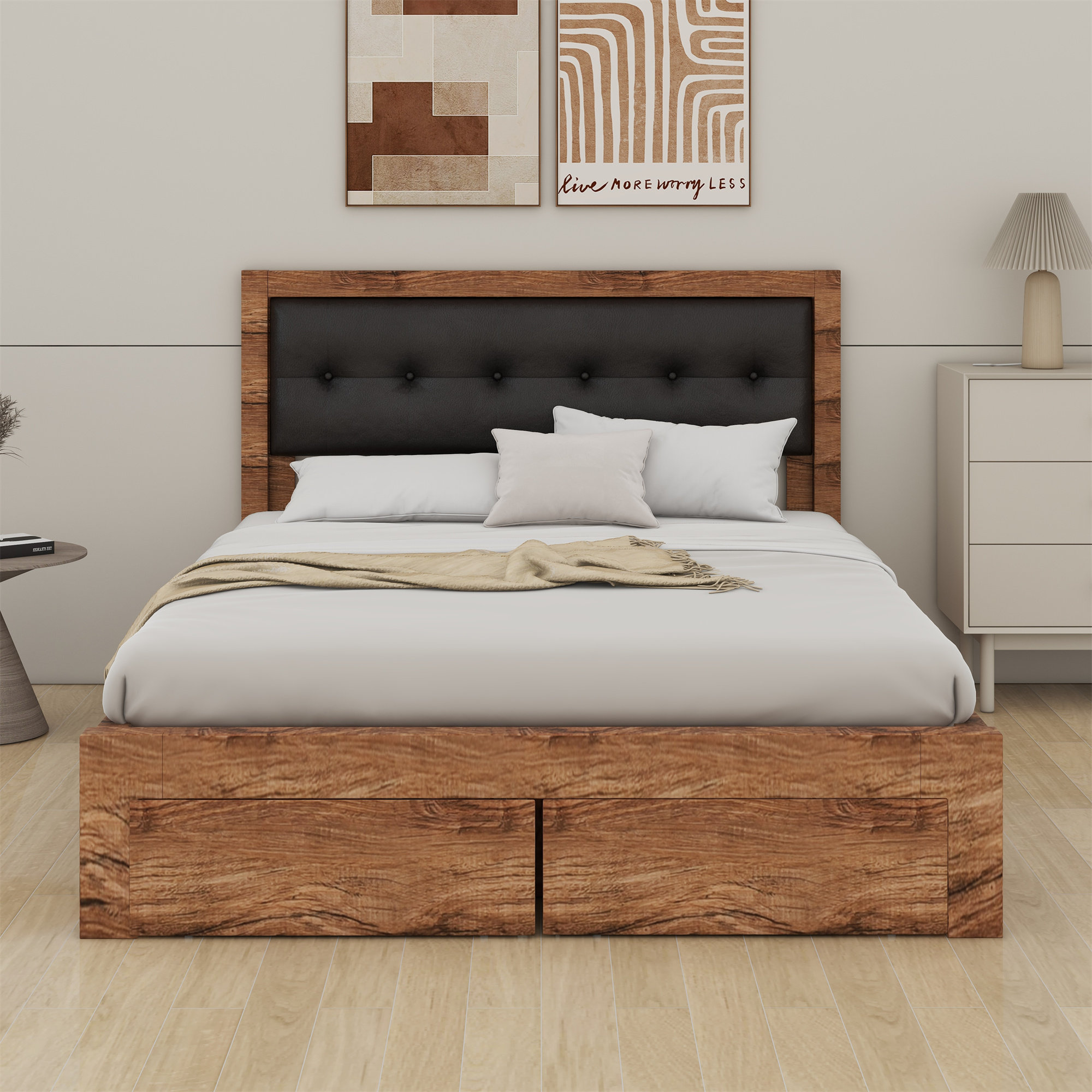 Millwood Pines Queen Size Wood Platform Bed With Upholstered Headboard