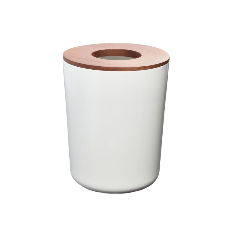 iDesign Eco Vanity Steel Waste Basket with Paulownia Wood Lid, Coconut
