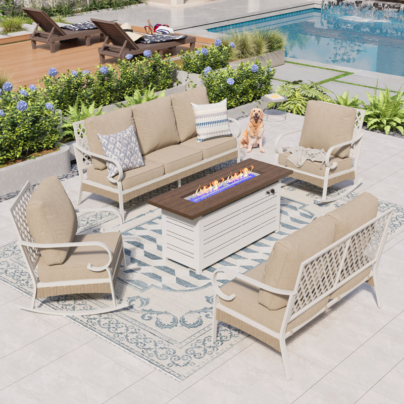 7 Person Outdoor Patio Conversation Set With Fire Pit Table, Rocking Lounge Chairs, & Loveseat, Black/Beige/Black