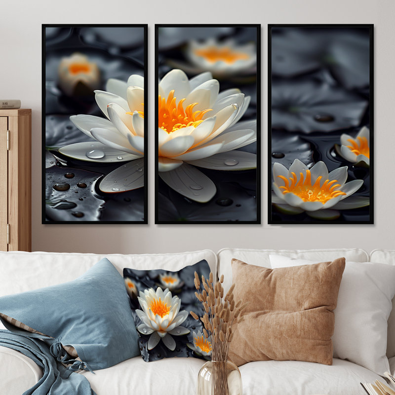 Geiser - Ensemble de décoration murale Lotus, H 28 po x l 36 po x P 1 po, Toile avec cadre flottant noir