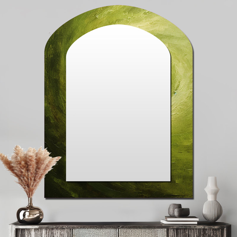 Green Orbit Spiral I - Miroir décoratif en forme d'arche abstraite sur métal, 43 po x 33 po