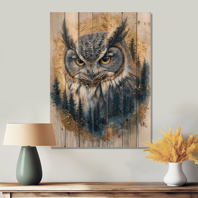 Dalk Owl Into Golden Forest Landscape III - Owl Animal Wood Wall Decor - On Natural Pine Wood