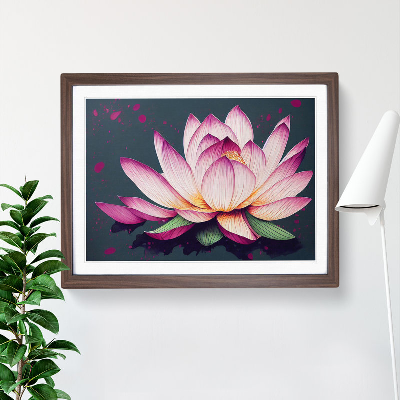 Lotus Flower Paint Splatter (1) - Single Picture Frame Print, 25cm H x 34cm W, Walnut