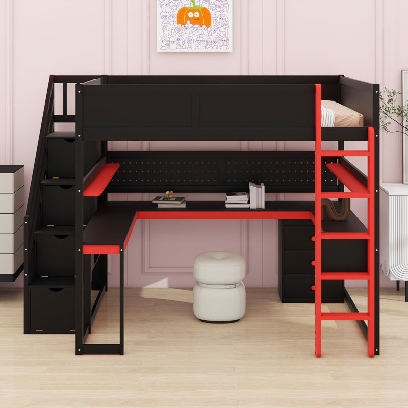 Lit mezzanine en bois multifonctionnel avec configuration de jeu, marches de rangement, bureau et panneau perforé d'organisation