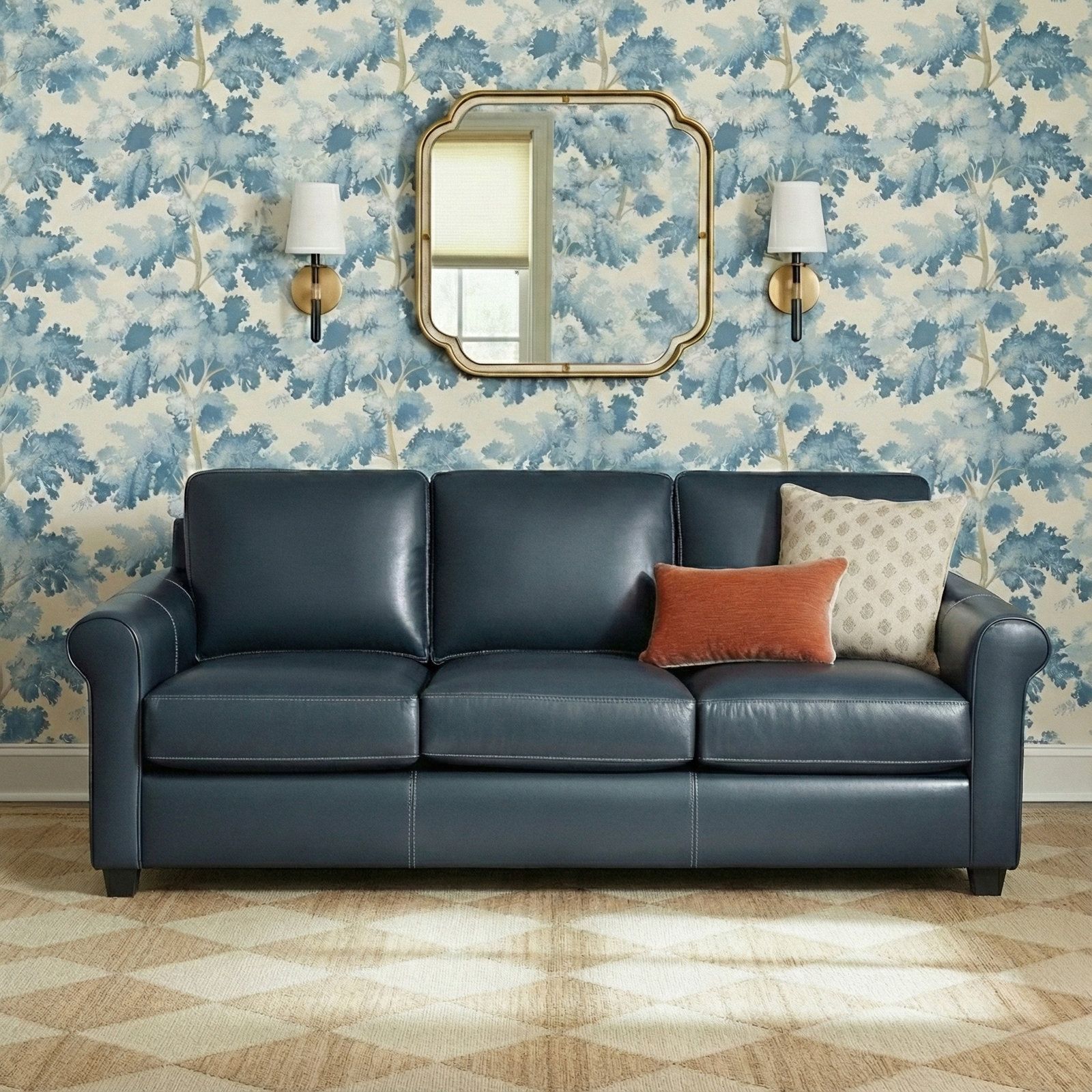 Cataldo 86'' Upholstered Sofa, Counterbalance Navy Genuine Leather
