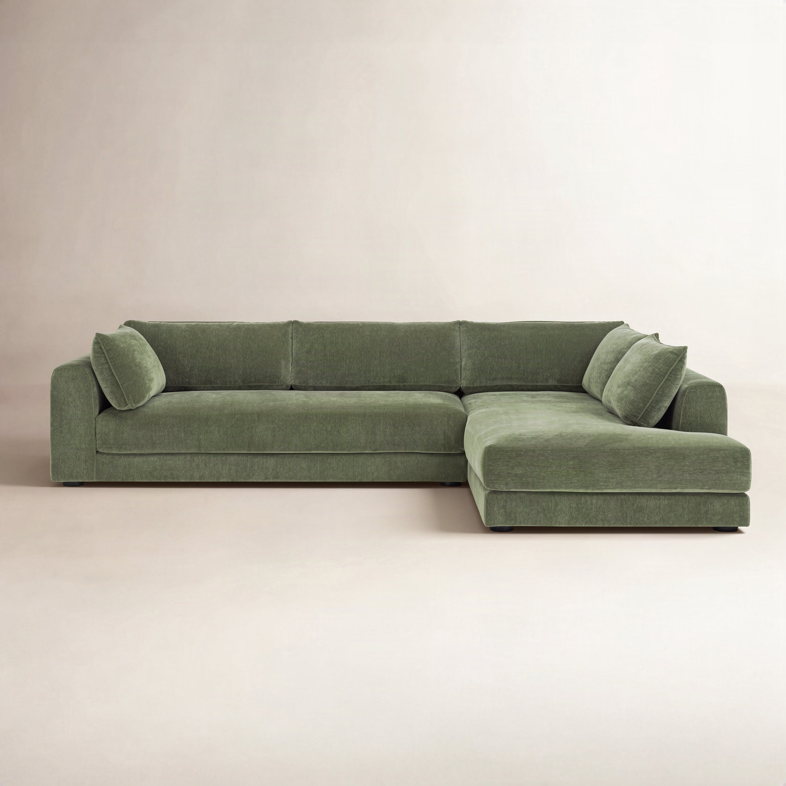 Marcel Velvet Sofa and Chaise, Sagano Green Fabric, Right Hand Facing
