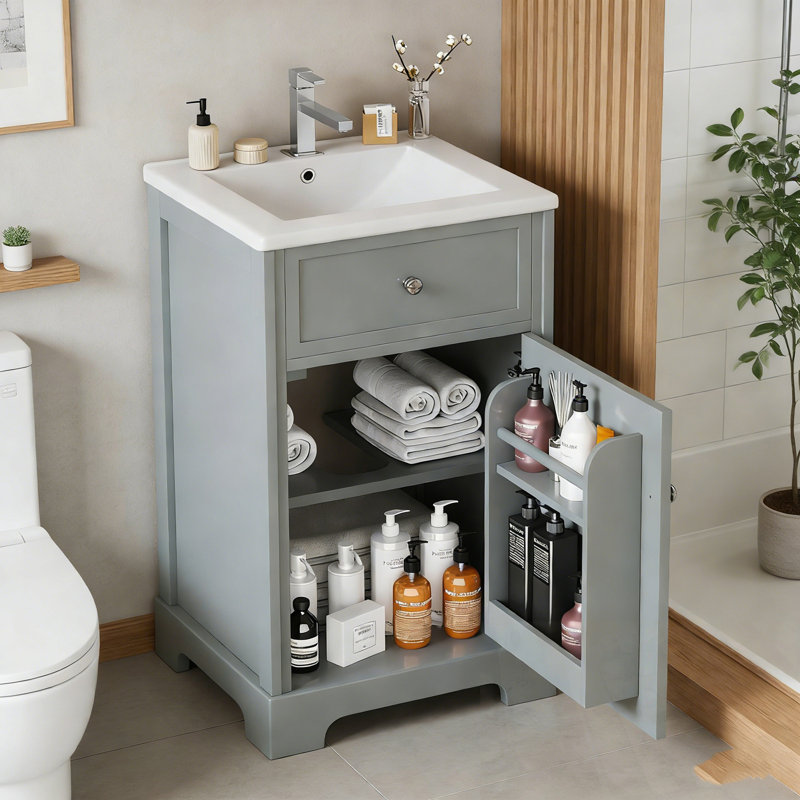 Meuble-lavabo de salle de bain avec lavabo, porte à fermeture douce, support de rangement et tablette réglable, Gris
