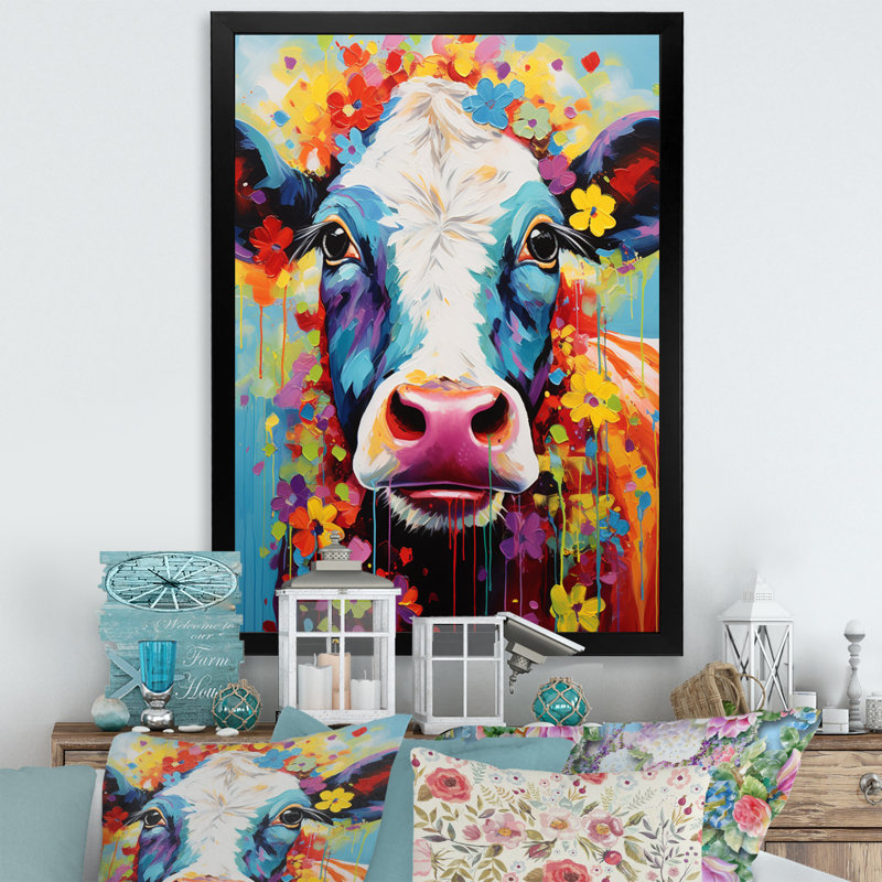 Vache fantaisie - art mural, H 20 po x l 12 po x P 1 po, Cadre simple noir