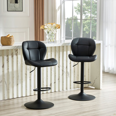Set Of 2 Height Adjustable Bar Stools, Black PU Upholstered Tufted Back Chairs With Black Metal Base & Footrest For Kitchen Island, Bar, Pub