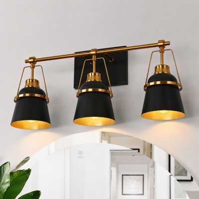 3-Light Bath Vanity Light Dimmable with Black Brass Metal Shade
