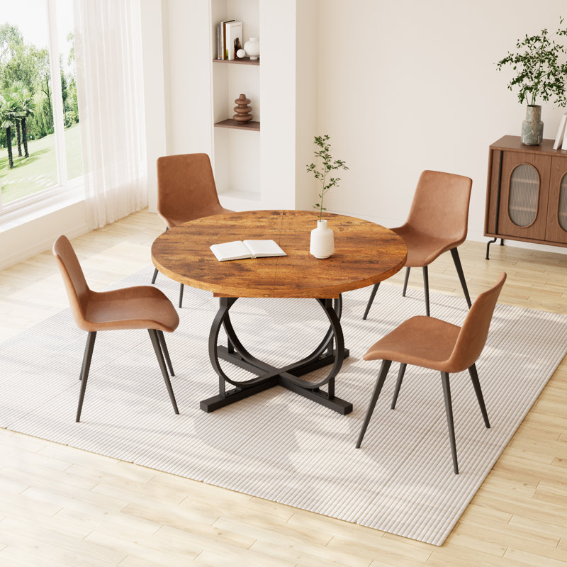 Ensemble de table de salle à manger ronde de 59 po Clanton, Brun, Tanné, 5 pièces: table, 4 chaises