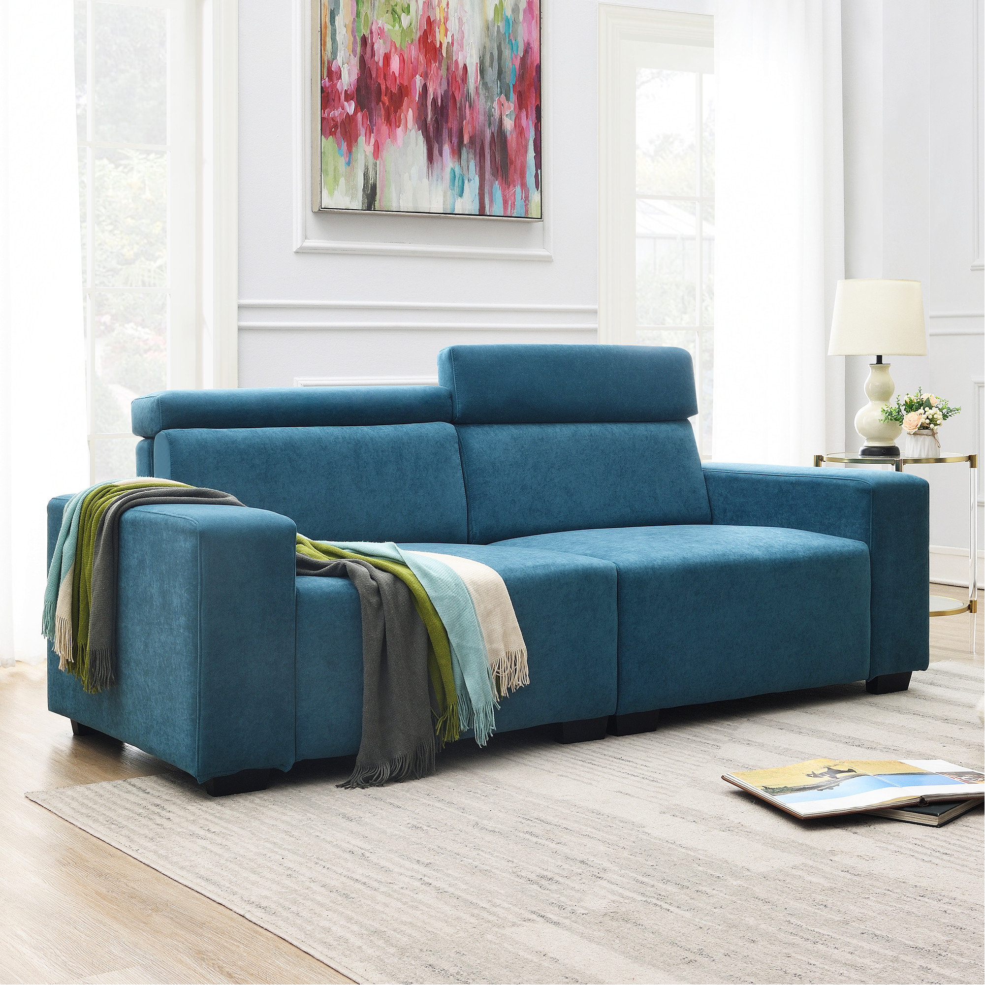 East Side Teal Blue,Green Chenille Fabric Chaise Sofa - Rooms To Go