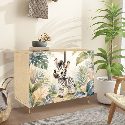 Buffet étroit de 35,4 po de largeur - armoire de rangement d'appoint à 2 portes avec adorable imprimé bébé zèbre et pieds en métal