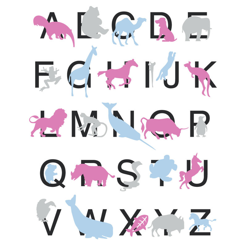 Décalcomanie murale alphabet animal, Gomme à mâcher / gris / bleu, H 27 po x l 22 po x P 0,01 po