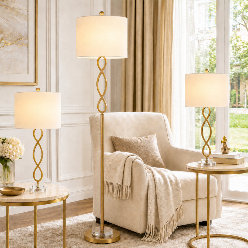  Lampe sur pied 59 po Modern Glam Gold avec éclairage à 3 intensités et abat-jour tambour en lin