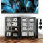 Armoire de rangement multimédia haute 35,8 po avec roulettes, meuble télé stéréo AV avec 4 tablettes et porte réglables en verre, structure en acier robuste pour le salon, assemblage facile