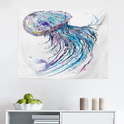 Jellyfish Tapestry, Aqua Colors Art Ocean Animal Print Sketch Style Creative Sea Marine Theme, Fabric Wall Hanging Decor For Bedroom Living Room Dorm, -  East Urban Home, 13C72DA0FE1C4640972238FDE459C252