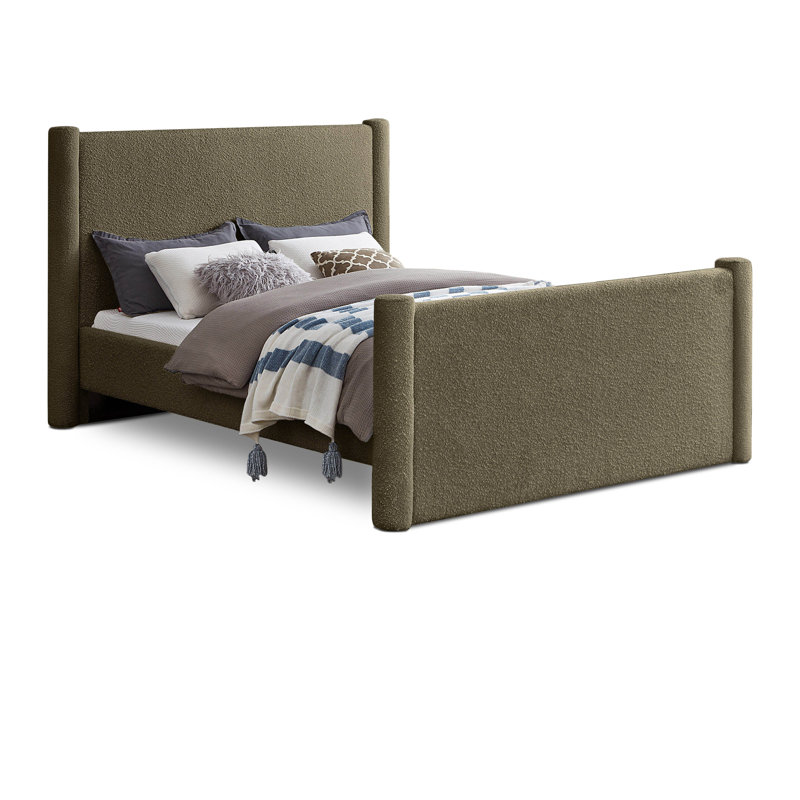Elias Upholstered Platform Bed, Olive Green Boucle Fabric, Full/Double