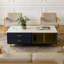 Table basse moderne bleu marine avec 2 portes de rangement en verre, 4 tiroirs, pieds en métal doré