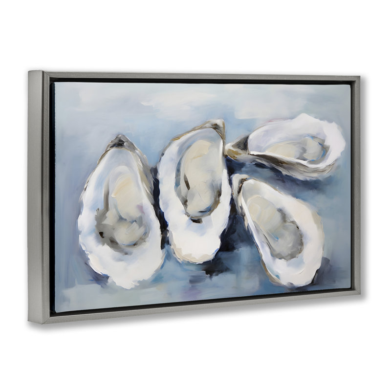 «Four Oysters Impression» par Petal Prints Design, Cadre flottant gris lustré, H 21 po x l 31 po