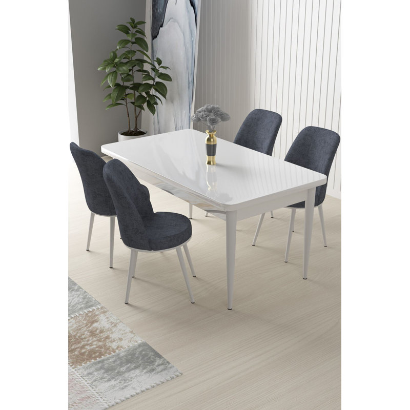 Ensemble de table et chaises de salle à manger moderne (5 pièces), blanc et fumée, 43,3 po x 29,9 po x 27,9 po | Panneau de particules 100% mélaminé, pieds et cadres en métal, tissu Jerry, assise en mousse confortable, idéale pour les espaces de salle à manger contemporains