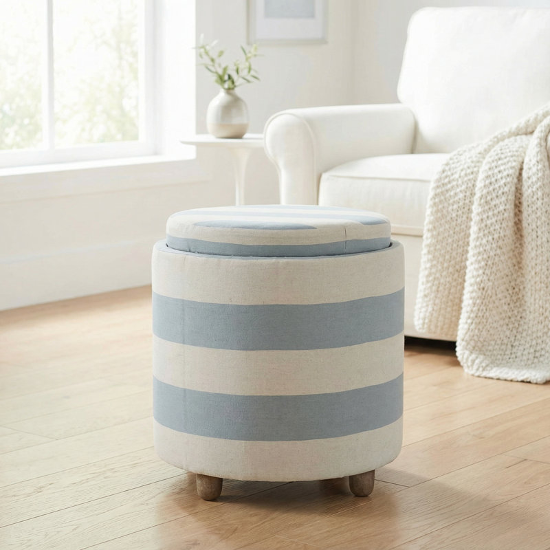Kinkade Storage Ottoman, Blue and White Striped Fabric, Blue and White Striped Faux leather