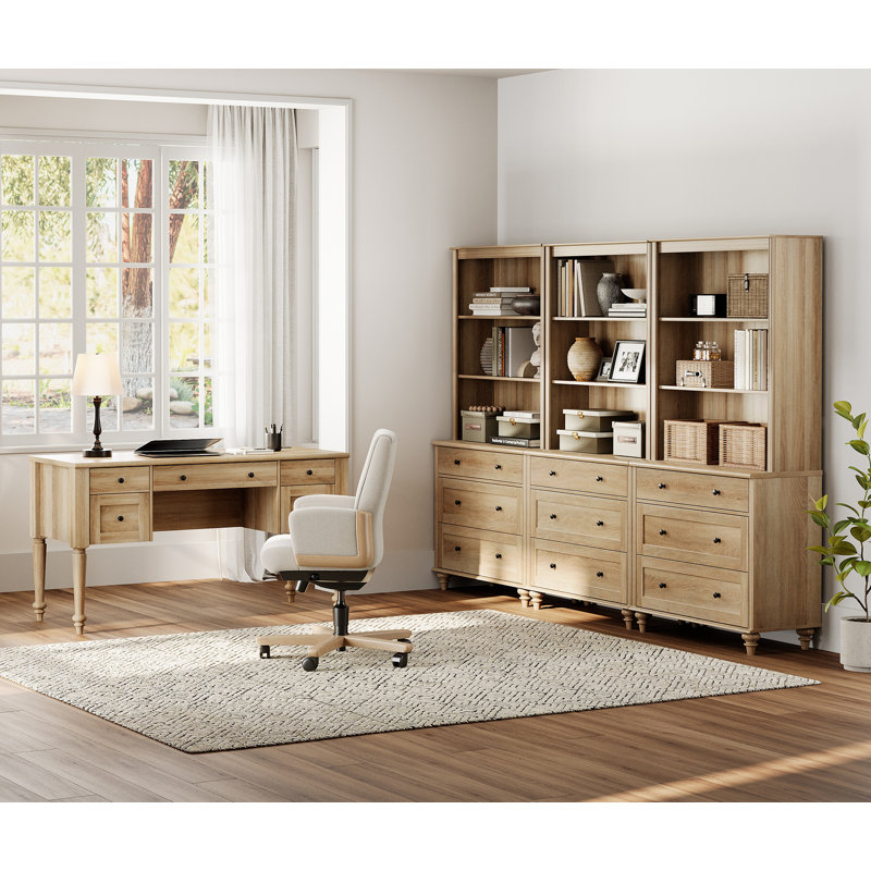 2 Piece Office Set, 56" Executive Desk & Set Of 3 Bookcases With Drawers, Oak