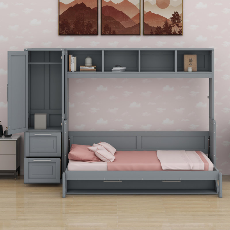 Lit escamotable Murphy avec placard et tiroirs, Gris