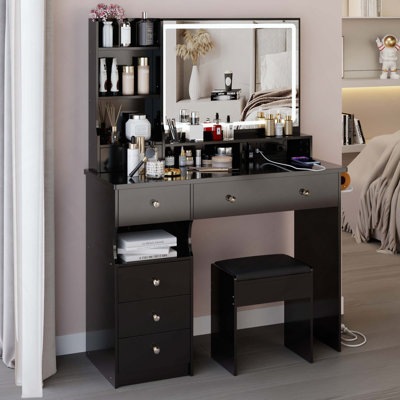 Table de coiffeuse de 41 po avec miroir à DEL, centrale électrique, tabouret et support pour sèche-cheveux de 41 po