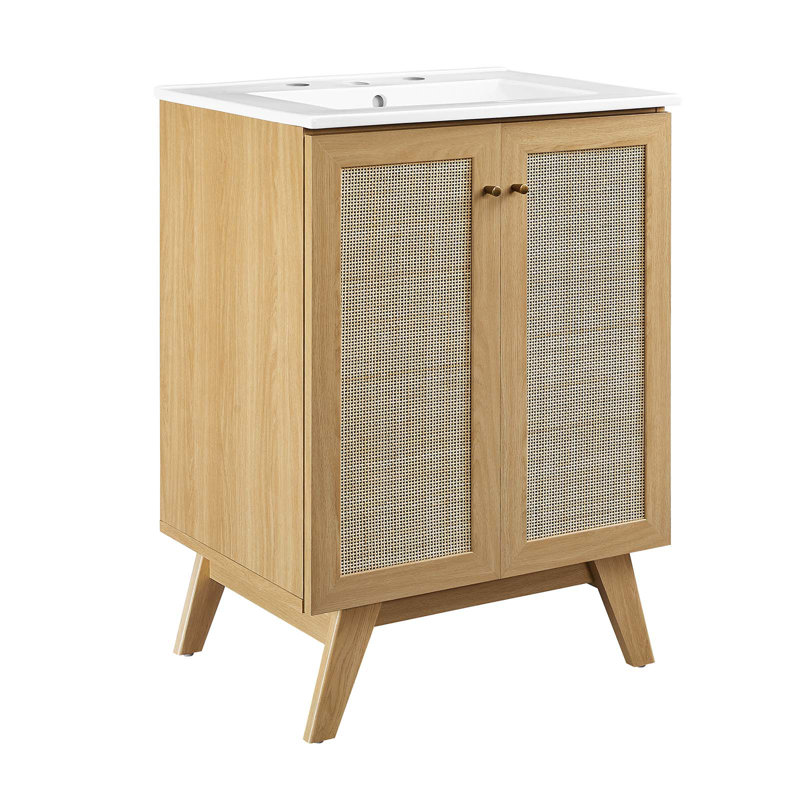 Soma 24" Oak and White Freestanding Bathroom Vanity with Rattan Detail